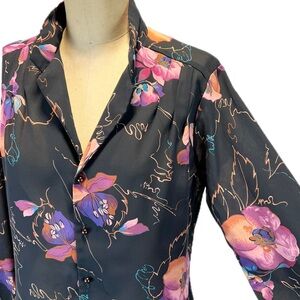 VINTAGE 70s bold artsy floral blouse top button down shirt black pink flower 80s